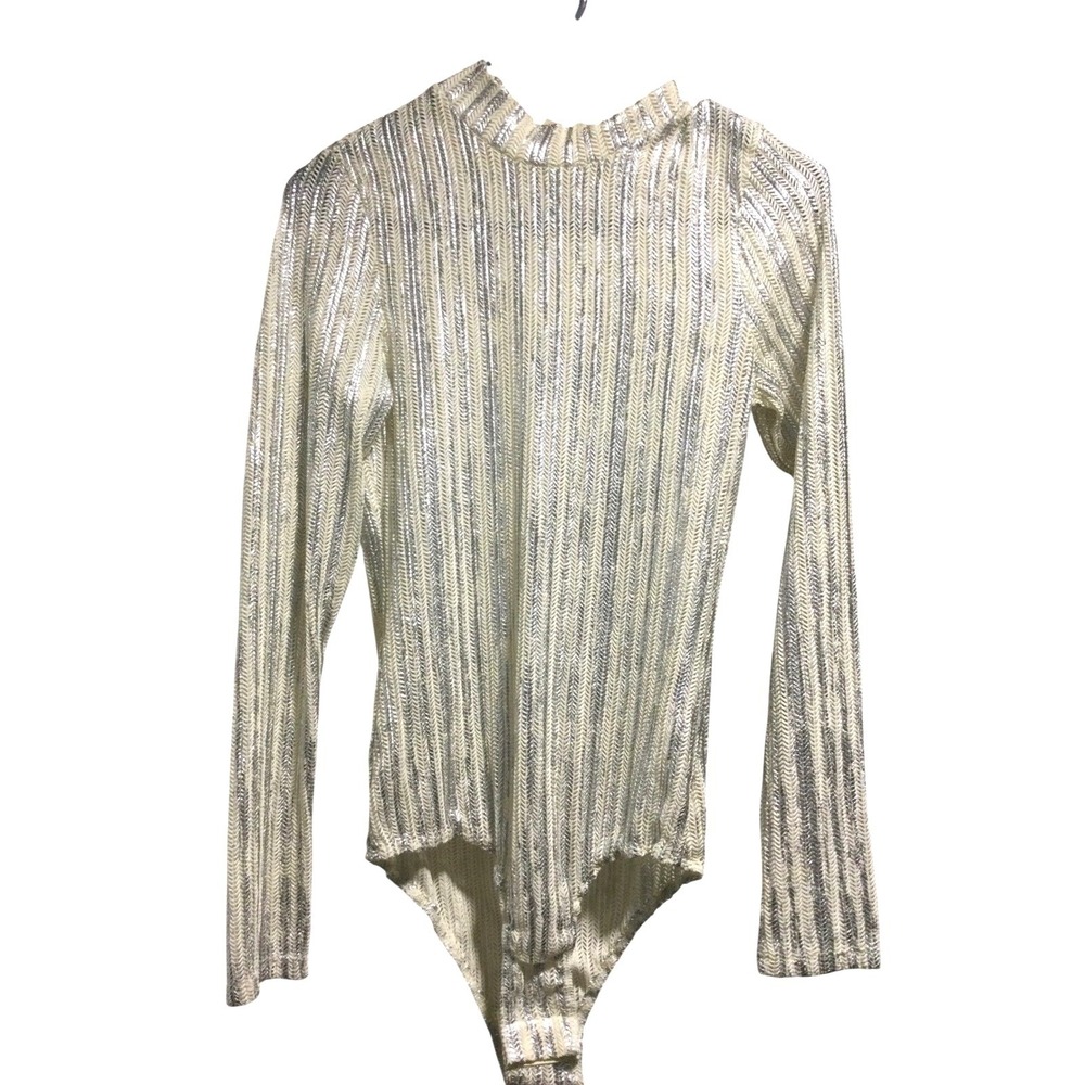 Luxxel Ivory Silver Metallic Knit Mock Neck Bell Sleeve Bodysuit Medium new